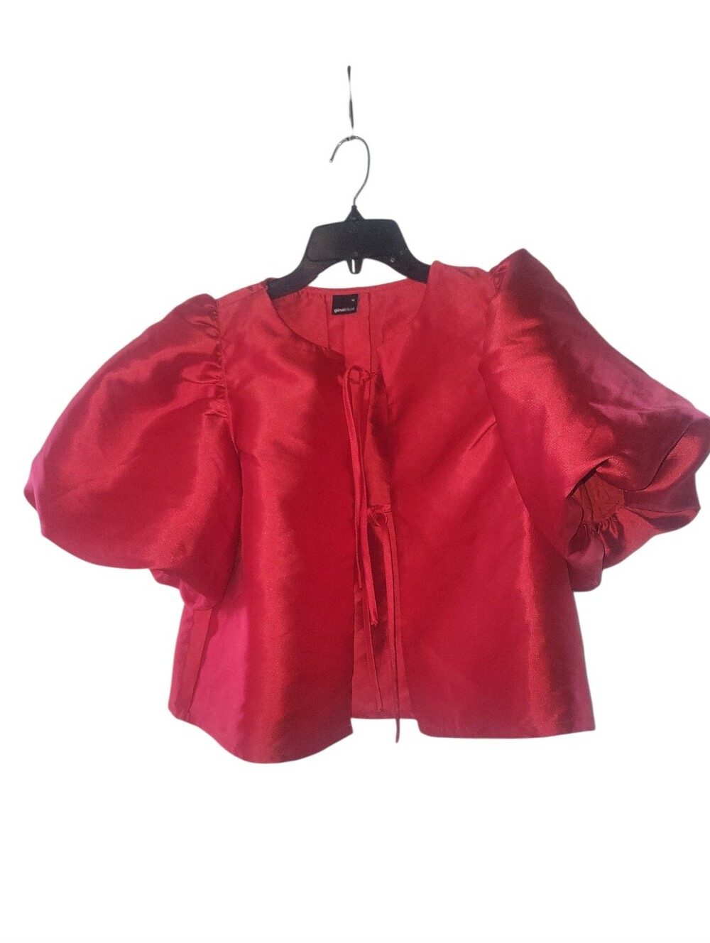 Ginatricot Vibrant Red Satin Voluminous Balloon  Puff-Sleeve Front Tie Closure M